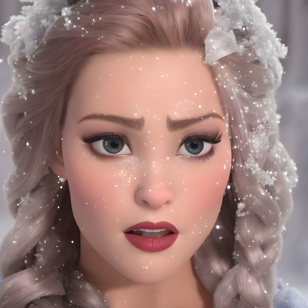 Surprised animated female character with snowflakes in braided hair