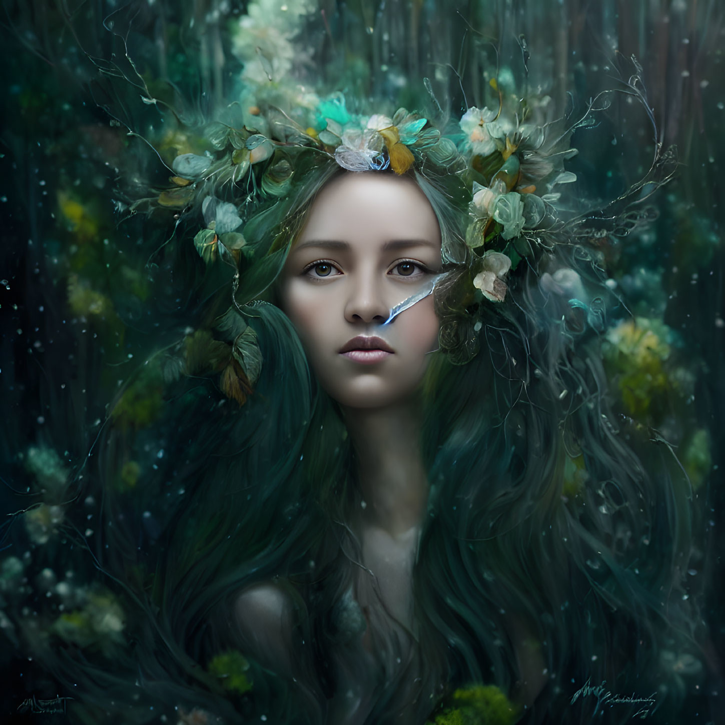 Woman with Flower Crown and Green Hair in Mystical Forest Setting