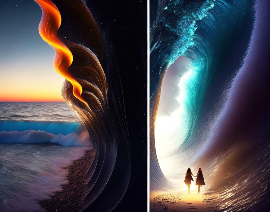 Surreal sunset beach scene and luminous wave tunnel walk