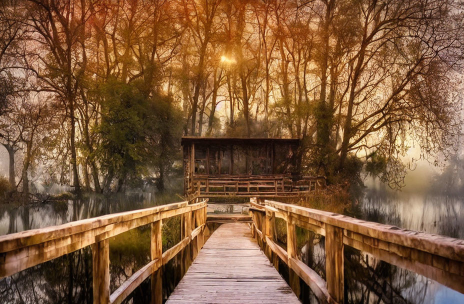 Tranquil autumn landscape with wooden footbridge and misty lake