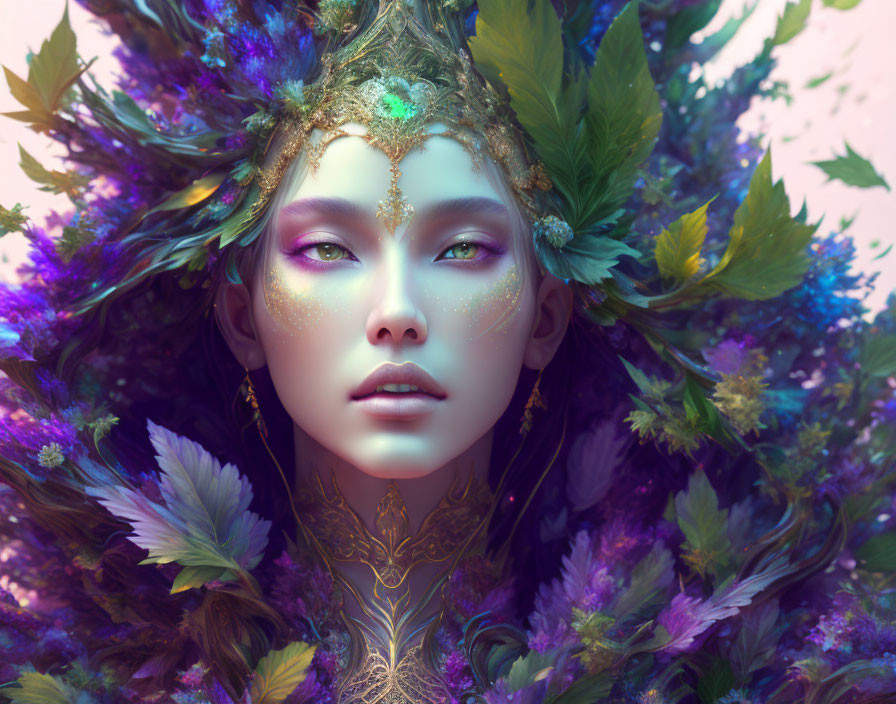 Fantasy female figure with purple flora and golden jewelry in mystical setting