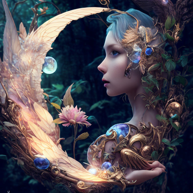 Mystical female figure with blue hair in golden forest setting