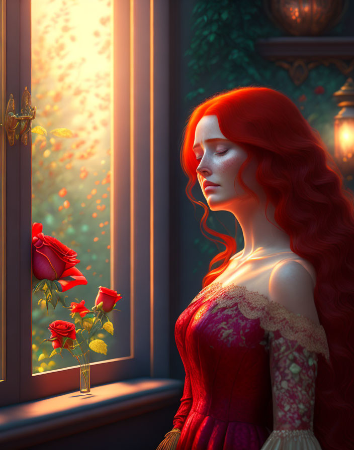 Vibrant red-haired woman by window with red roses and sunlight