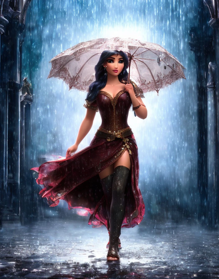 Stylized animated woman with black hair holding lacy umbrella in rain