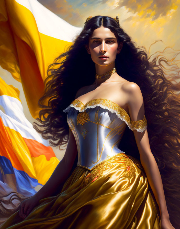 Regal woman in gold-trimmed blue corset with long wavy hair and colorful flag