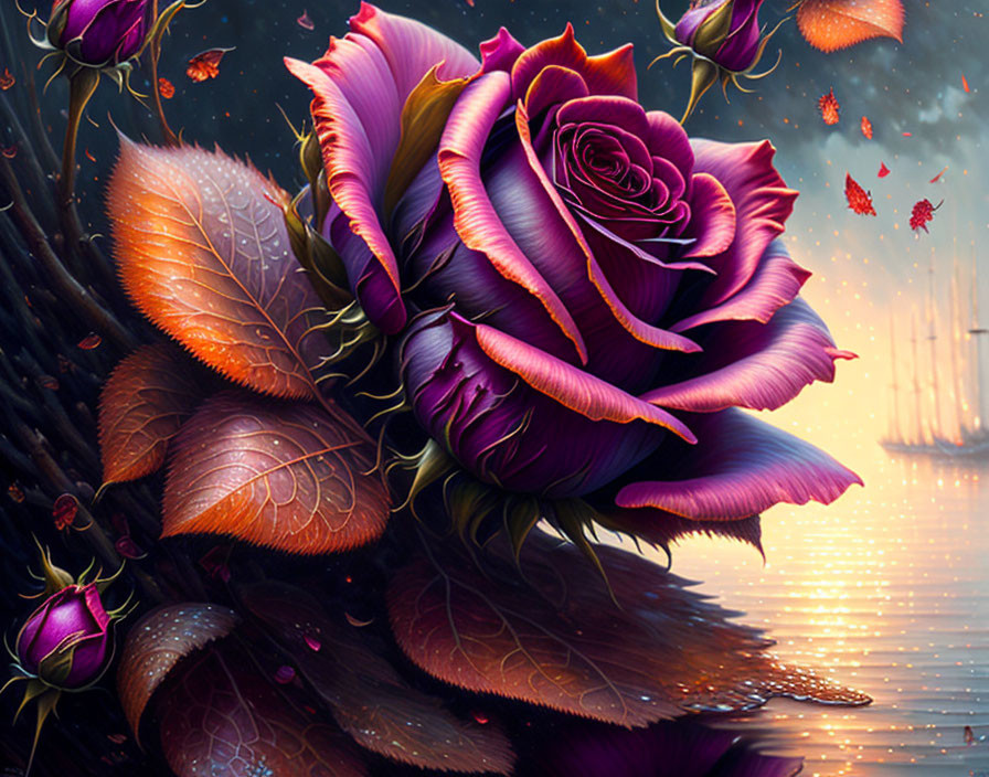 Vivid purple rose with orange leaves in twilight scene