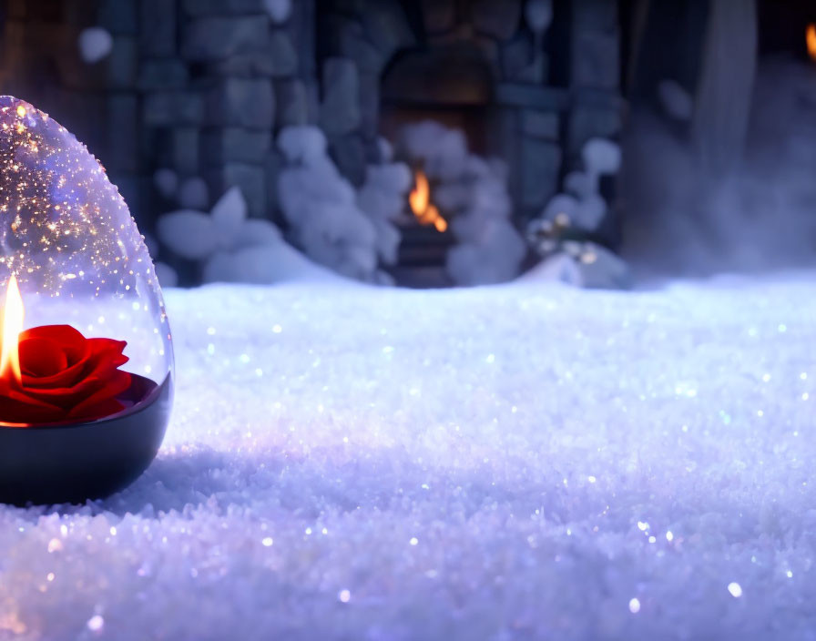 Glowing candle and rose in glass dome on snowy surface with fireplace in background