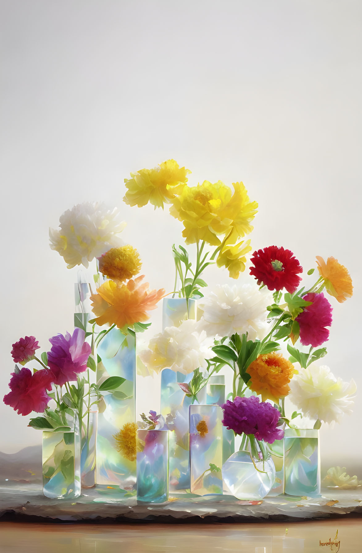 Assorted colorful flowers in transparent vases on soft background