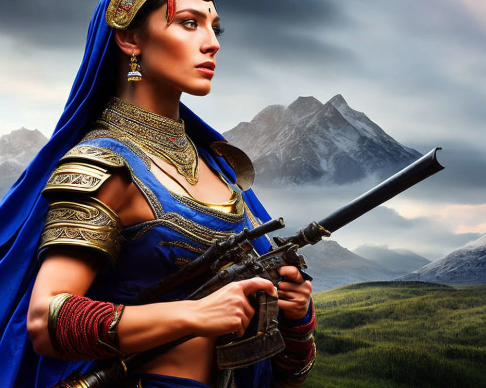 Historical armor-clad woman with rifle against mountain backdrop