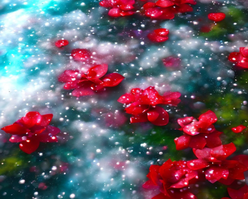 Red Flowers Float on Sparkling Blue and Green Background