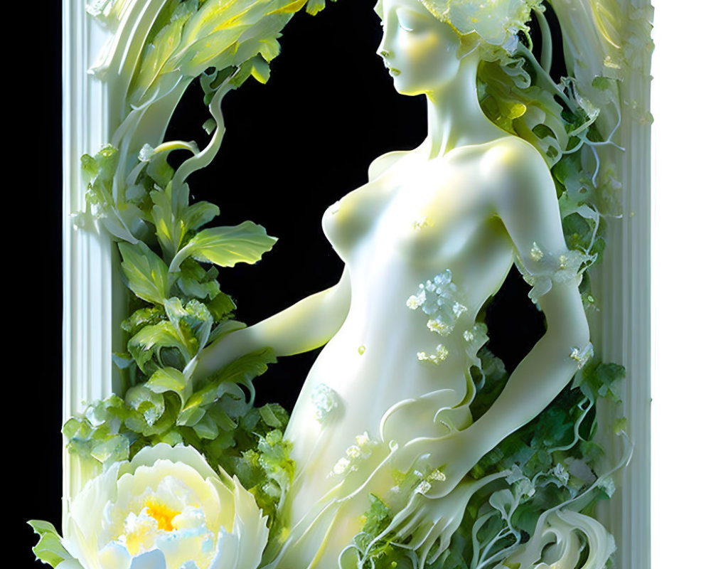 Translucent Figure Surrounded by Green and White Flora in Ornate Window