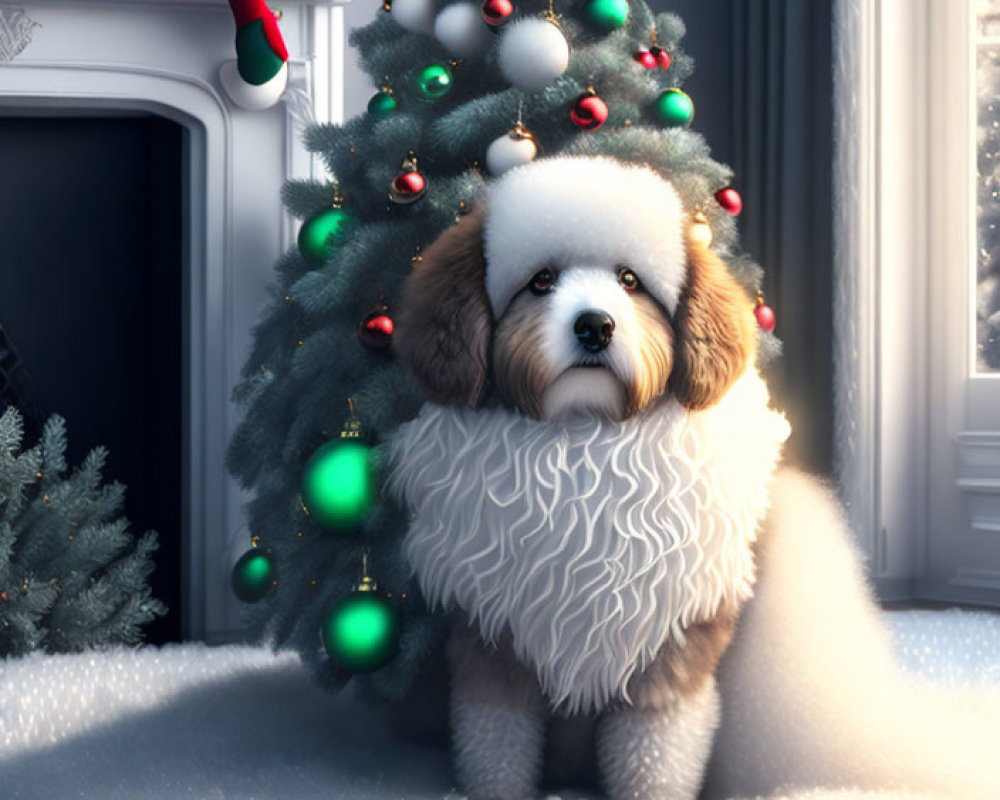 Brown and White Dog with Scarf by Christmas Tree and Stocking