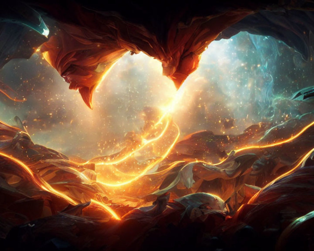 Fiery vortex forming heart shape amidst celestial bodies