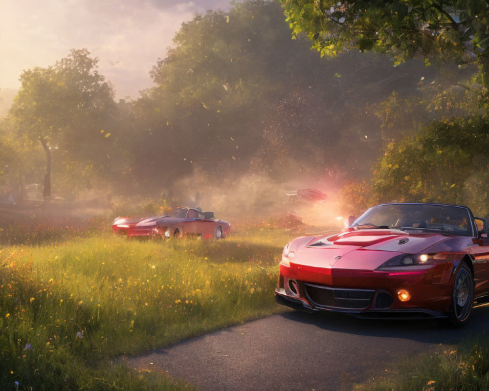 Two Sports Cars Racing on Dusty Rural Road Amidst Scenic Meadow