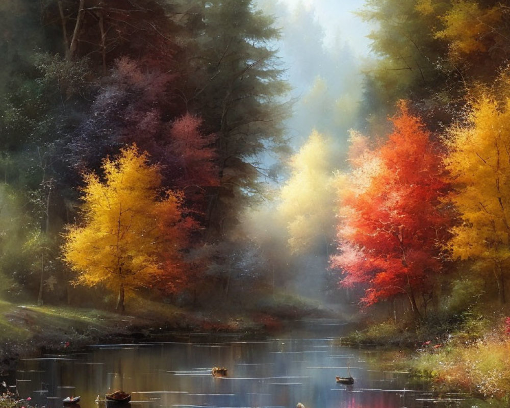 Tranquil autumnal scene with colorful trees reflecting on river