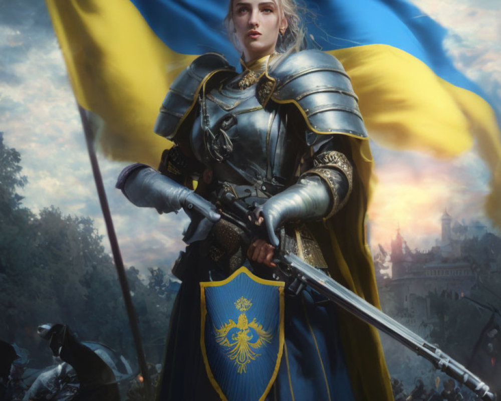 Medieval armor-clad woman with sword by blue and yellow flag