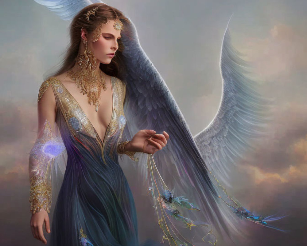 Ethereal winged figure in multicolored gown with golden jewelry