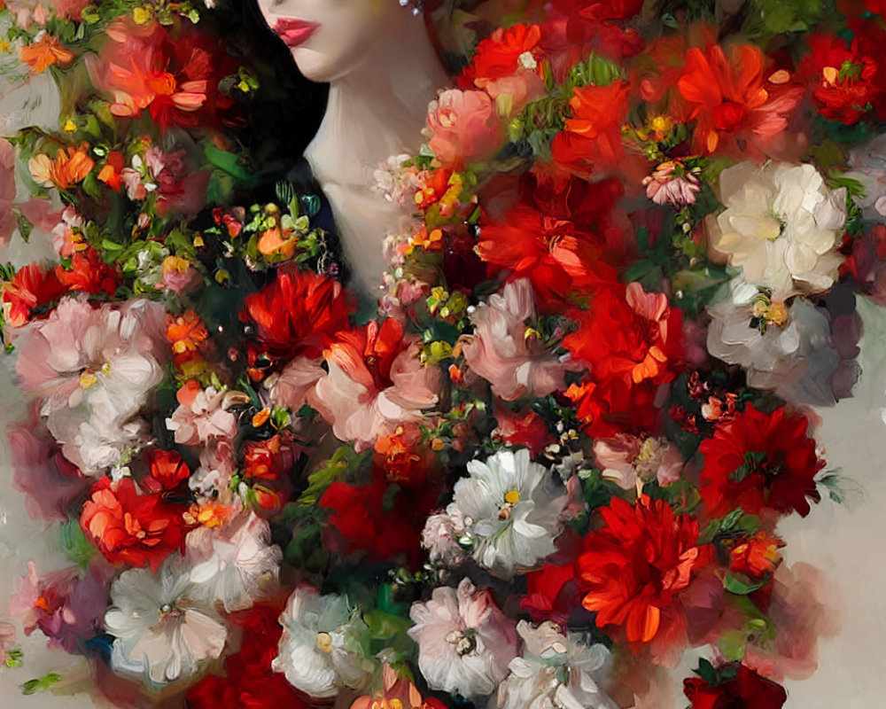 Colorful artistic representation of person obscured by painted flowers in red, pink, and white.