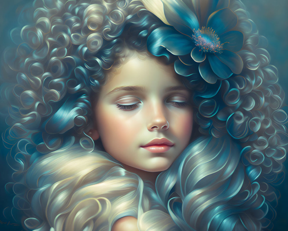 Digital artwork of serene young girl with voluminous curly hair and blue flower, exuding dreamy qualities