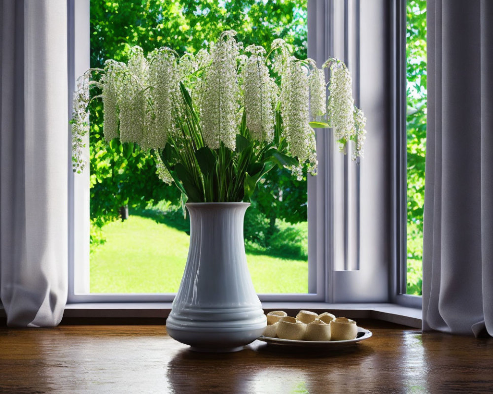 White Flowers in Vase on Wooden Surface Near Open Window with White Curtains