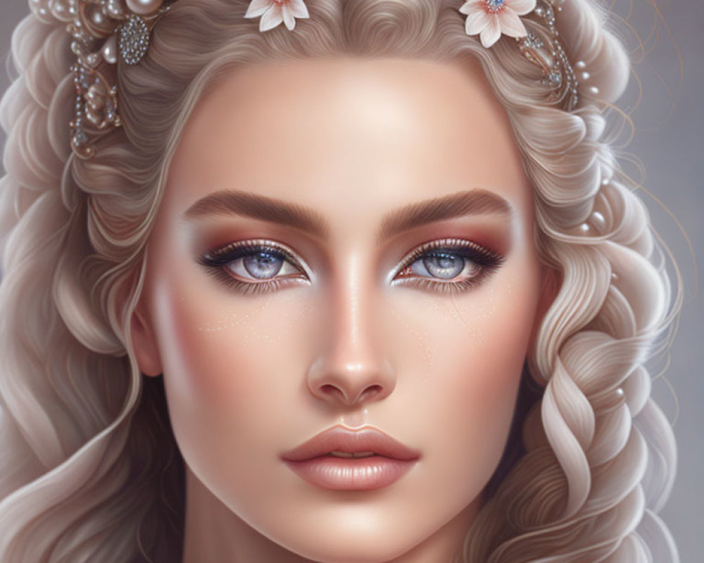 Illustration of woman with blue eyes, pearl hair accessories, and floral head adornments