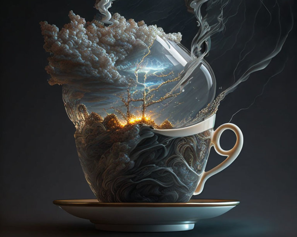 Surreal teacup image with storm cloud and lightning