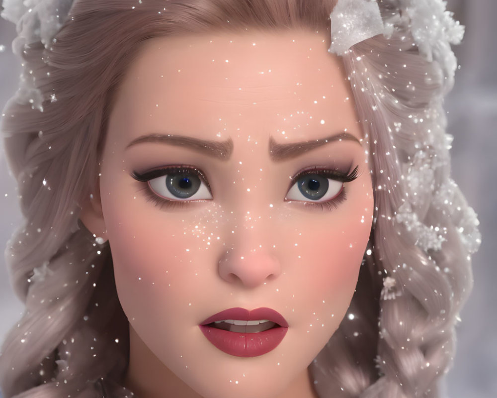 Surprised animated female character with snowflakes in braided hair