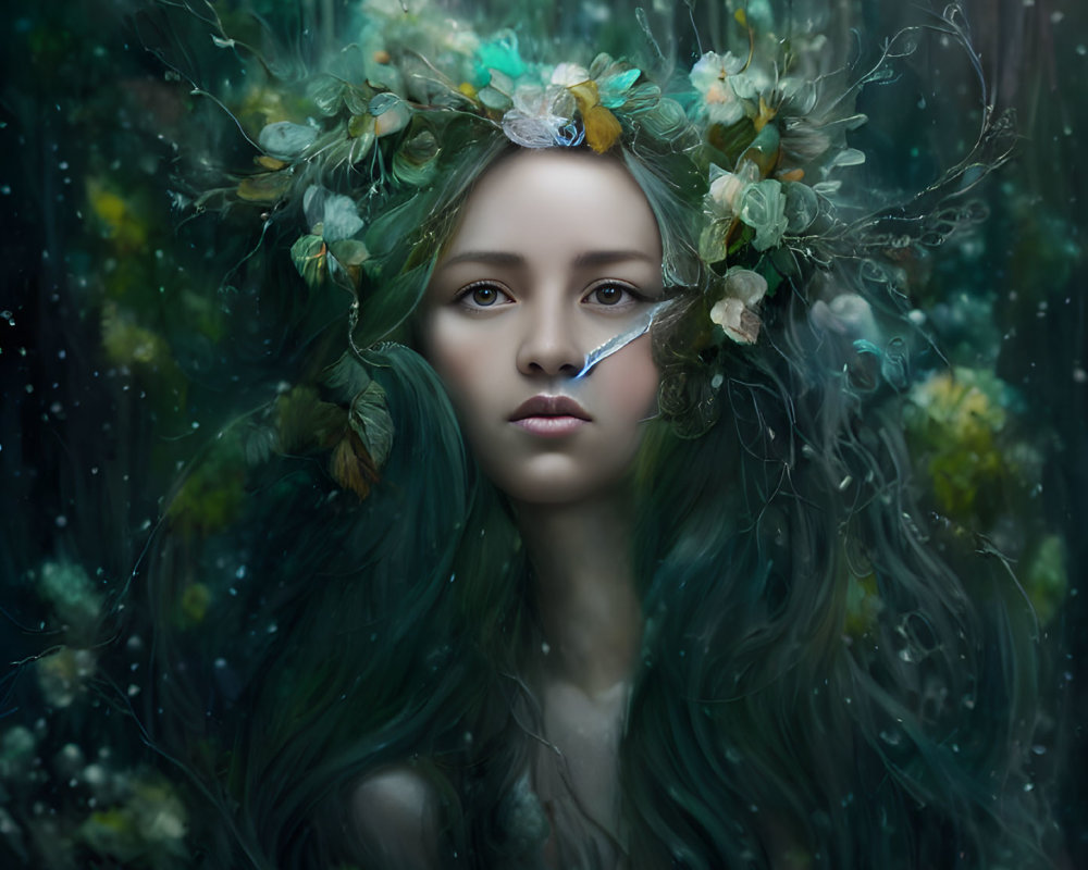 Woman with Flower Crown and Green Hair in Mystical Forest Setting