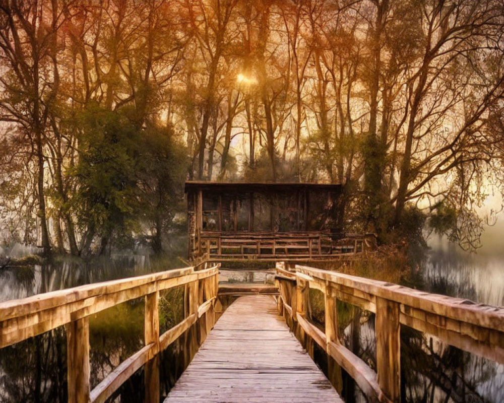 Tranquil autumn landscape with wooden footbridge and misty lake