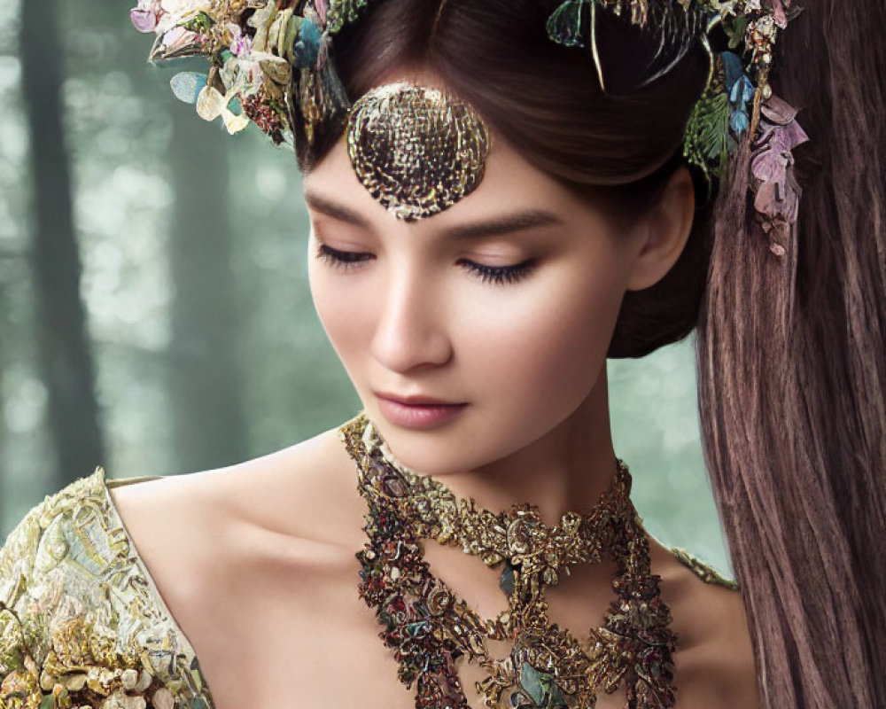 Elaborate Floral Headpiece and Ornate Necklace on Woman against Forest Background