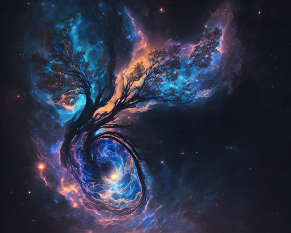 Vibrant cosmic scene: tree-shaped nebula spiraling into glowing portal among stars on dark space