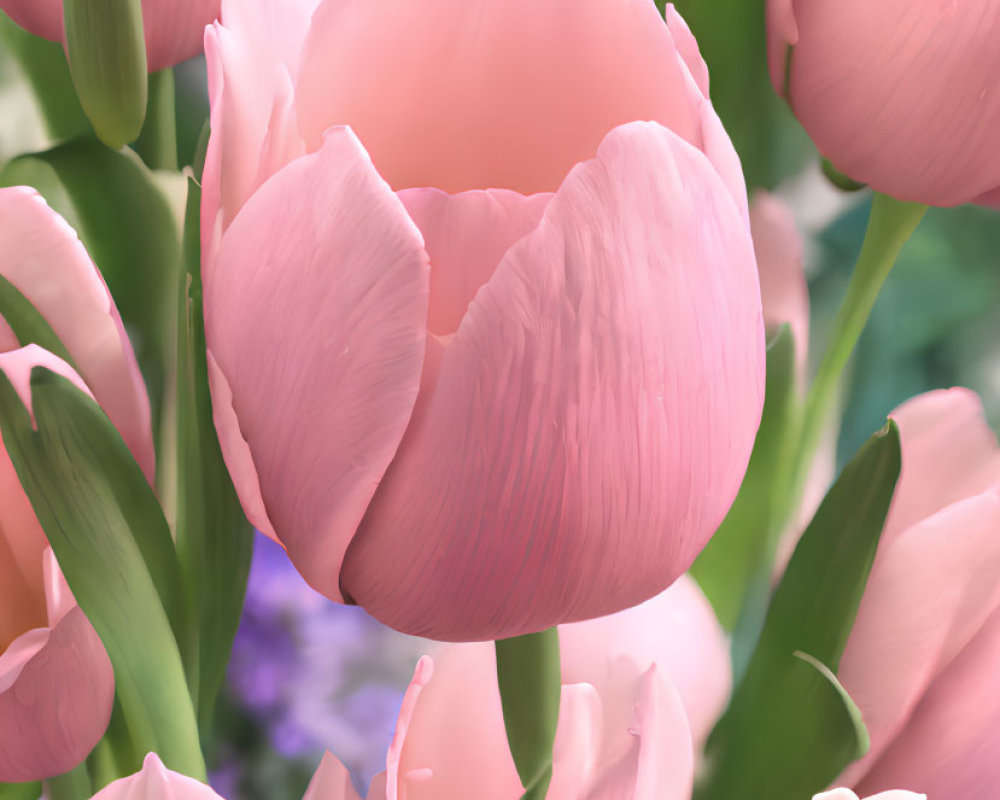 Pink Tulips Close-Up with Soft Petals and Blurred Floral Background