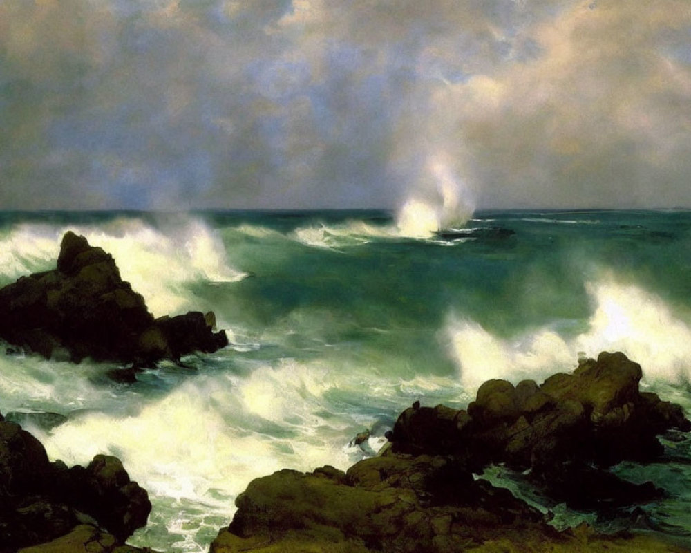 Stormy sea waves crashing against jagged rocks in a painting