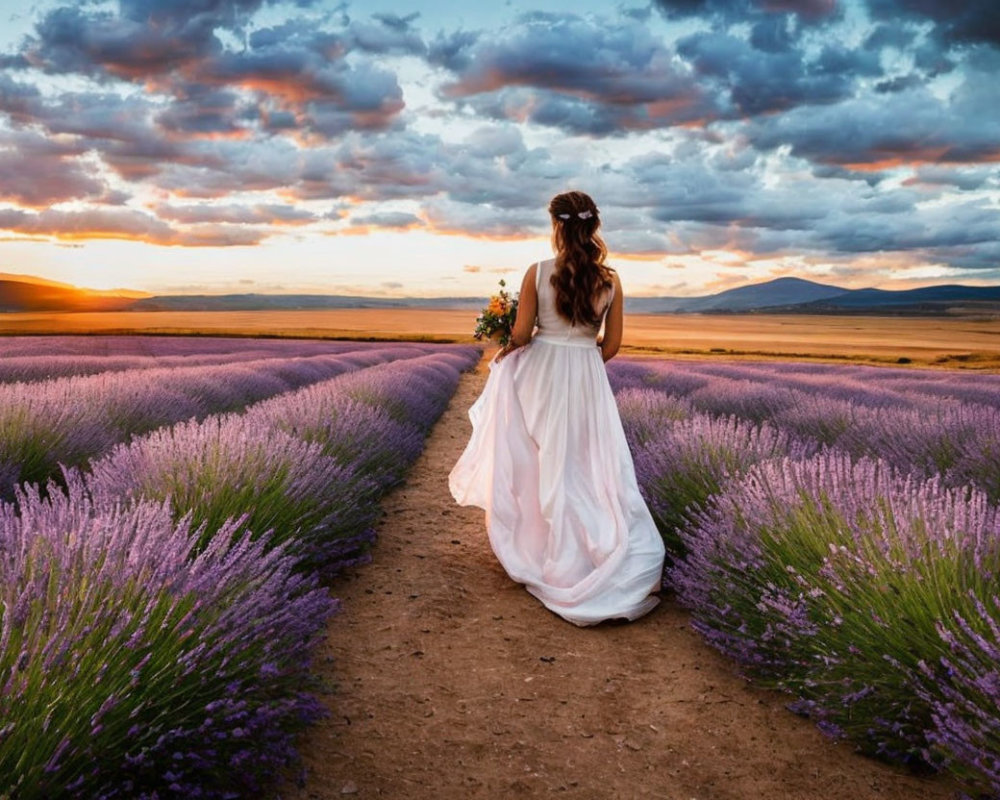 Woman in white dress with bouquet in lavender field at sunset