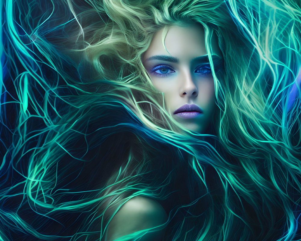 Woman with Vibrant Blue Eyes and Flowing Blue-Green Hair submerged in Water