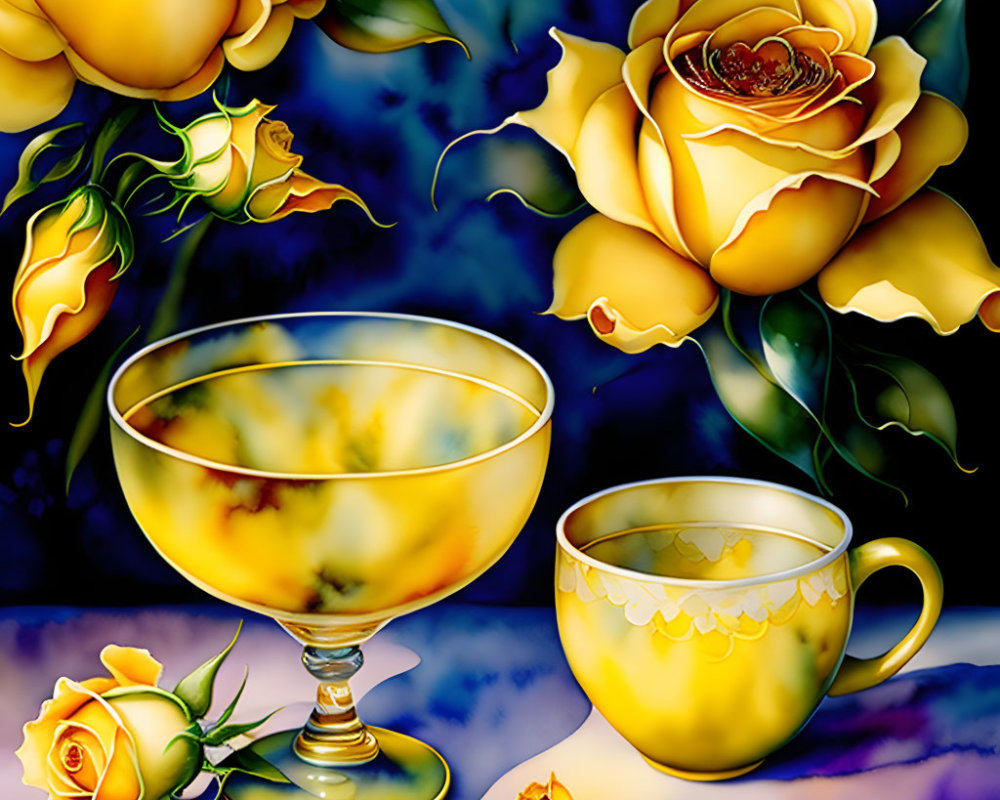 Vibrant digital painting: Yellow roses, goblet, and teacup on blue background