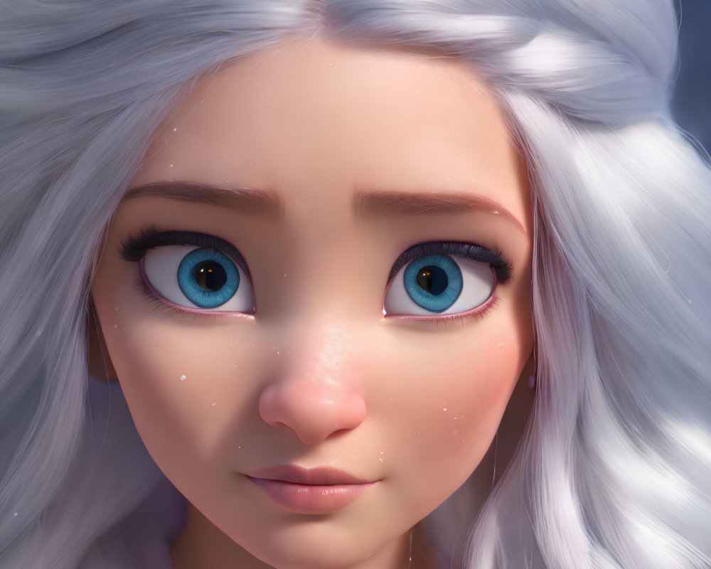 Detailed 3D animated female character with platinum blonde hair and blue eyes