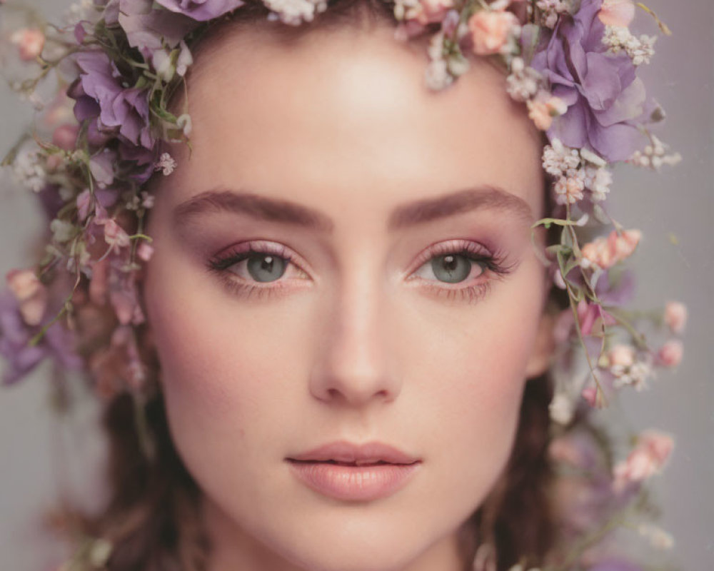 Woman wearing purple floral crown and subtle makeup.