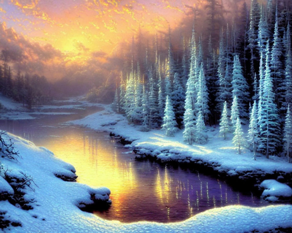 Snow-covered pine trees and river in serene winter sunrise.