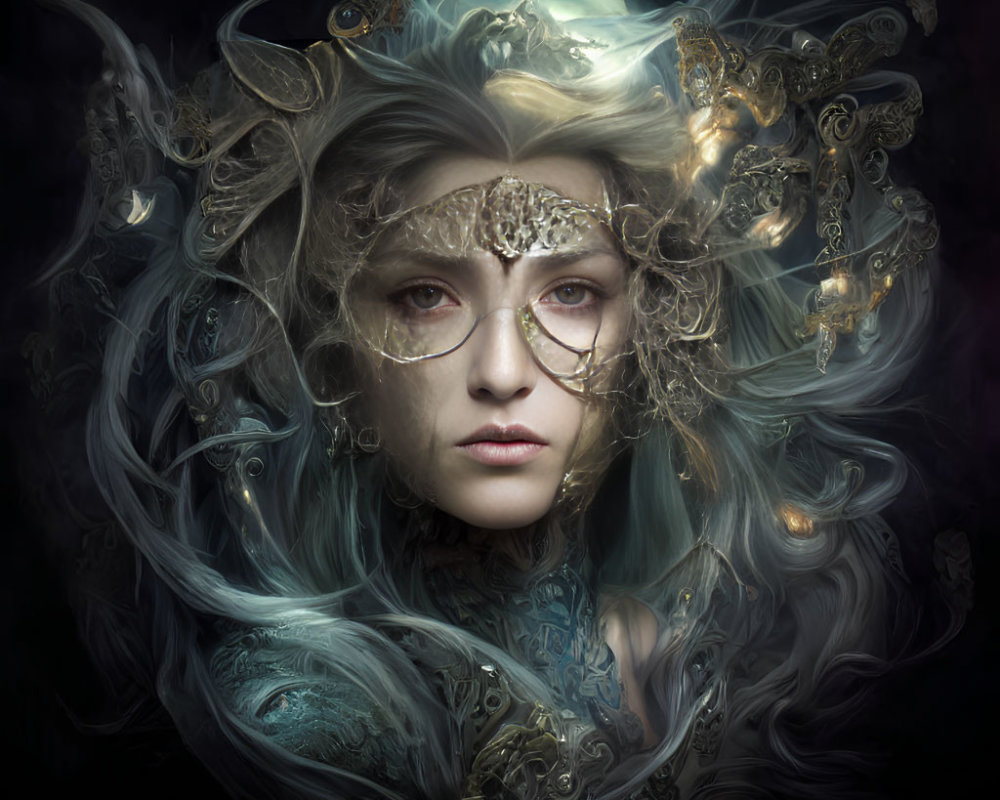 Mystical woman with golden mask and halo, surrounded by swirling silver hair