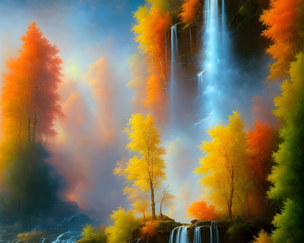 Ethereal moonlit waterfall in autumn landscape