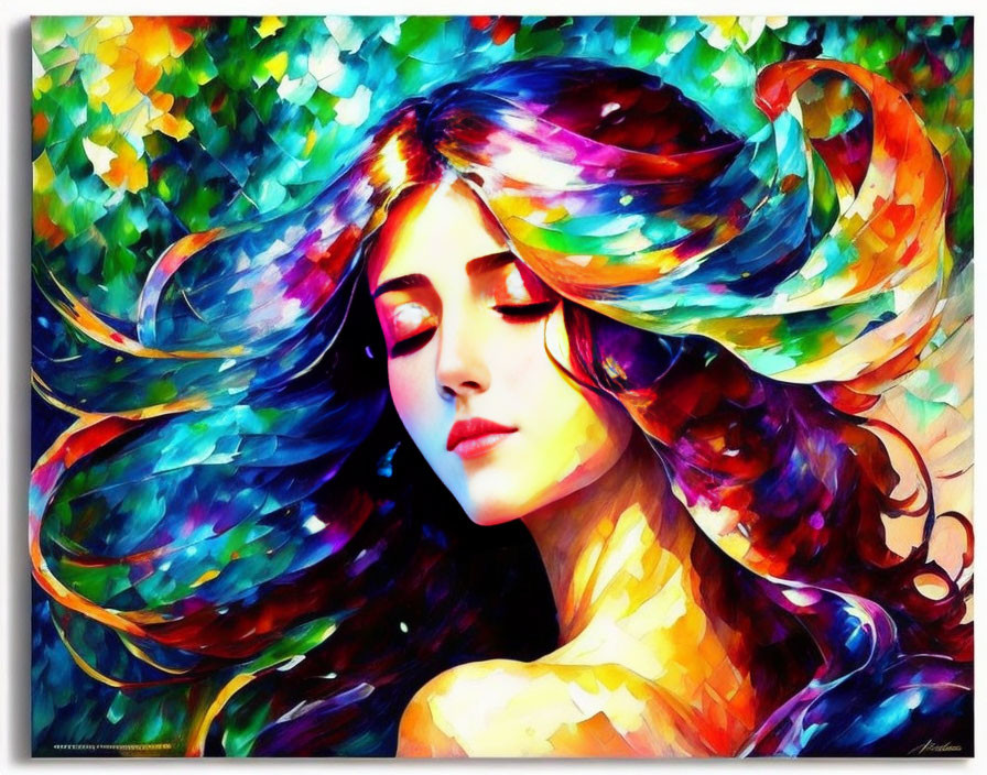 Vibrant mosaic-style artwork of a woman with flowing hair