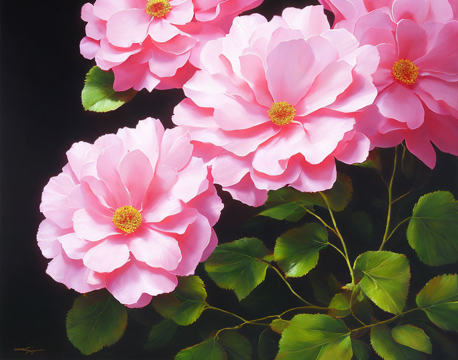 Colorful painting of bright pink roses on dark background