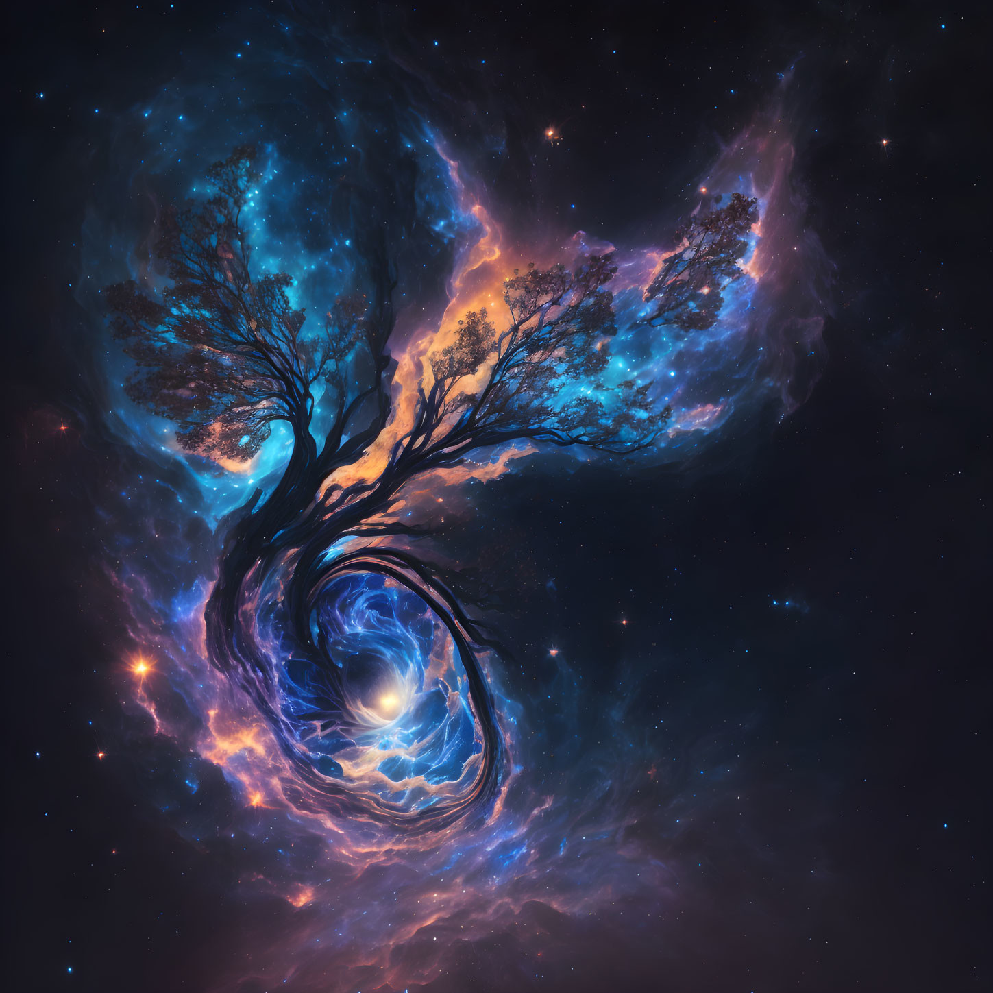 Vibrant cosmic scene: tree-shaped nebula spiraling into glowing portal among stars on dark space