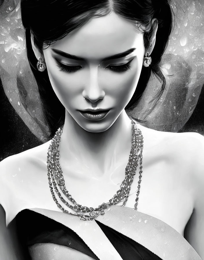 Monochrome portrait of woman in strapless gown with intricate necklace