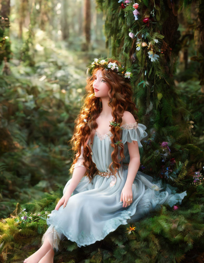 Woman in Light Blue Dress Sitting by Tree in Green Forest