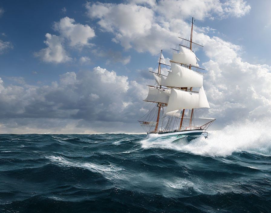 Tall ship with white sails on choppy seas under dramatic sky