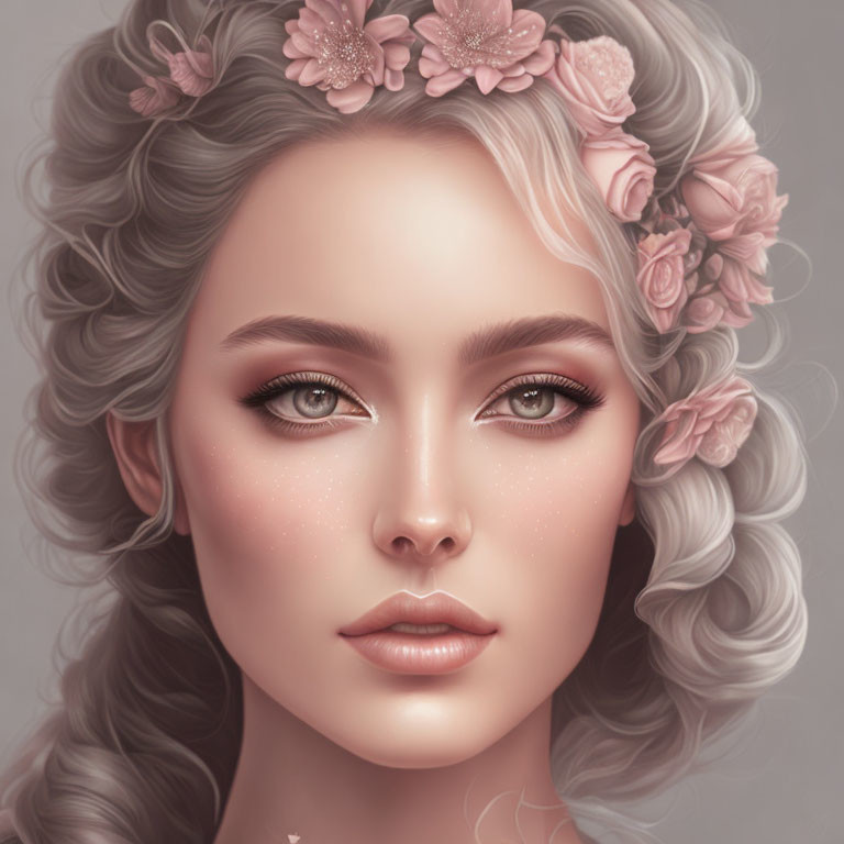 Detailed illustration of woman with wavy gray hair, pink flowers, brown eyes, full lips, and