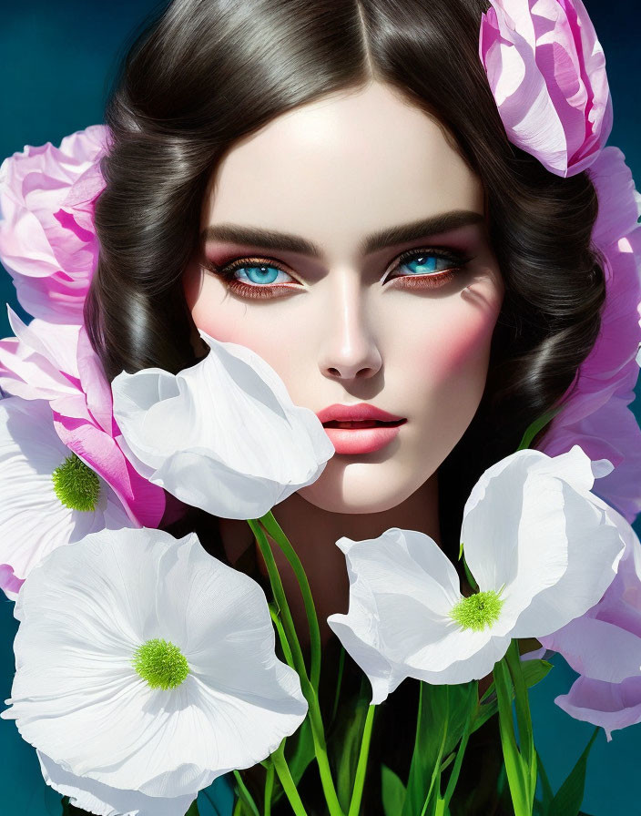 Portrait of Woman with Striking Makeup and Flowers on Deep Blue Background