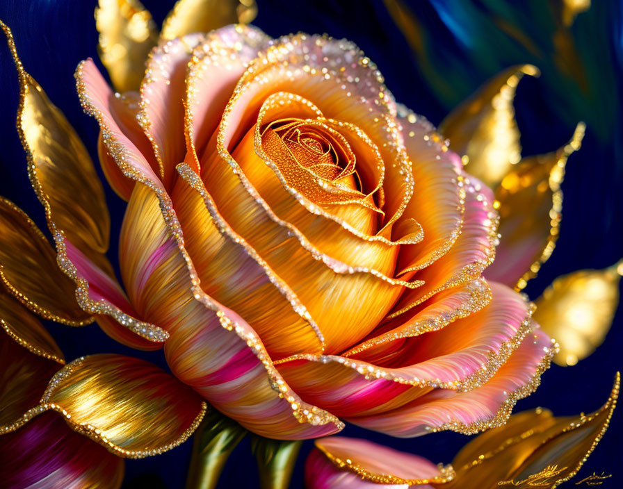 Golden Rose Digital Artwork on Dark Blue Background with Green Accents